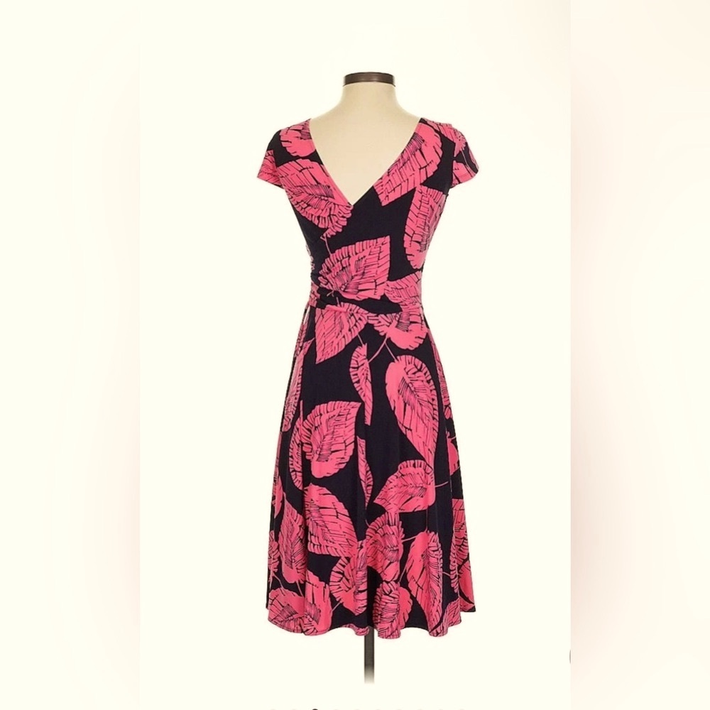 Maggy London Pink and Black Leaf Pattern Midi Dress